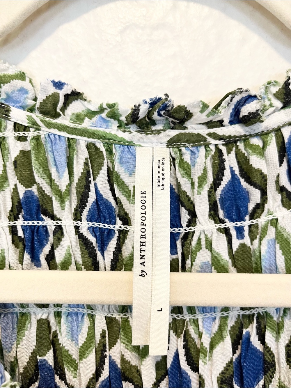 Anthropologie Dress Long Sleeve Ruffle Blue Green Smocked Large L - Picture 7 of 10